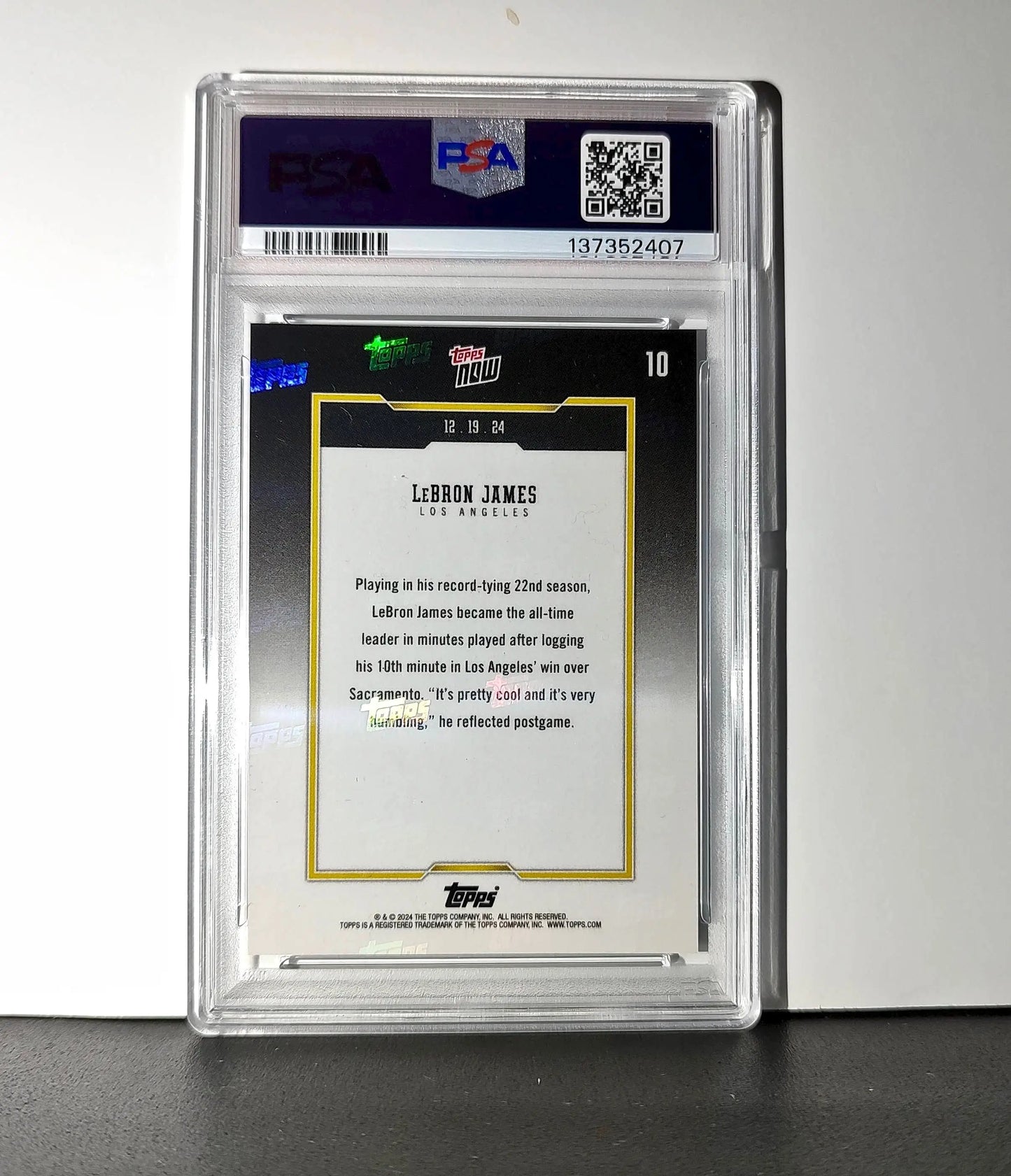 LeBron James 2024 Topps Now #10 All-Time Leader Minutes Played PSA 10 Gem Mint