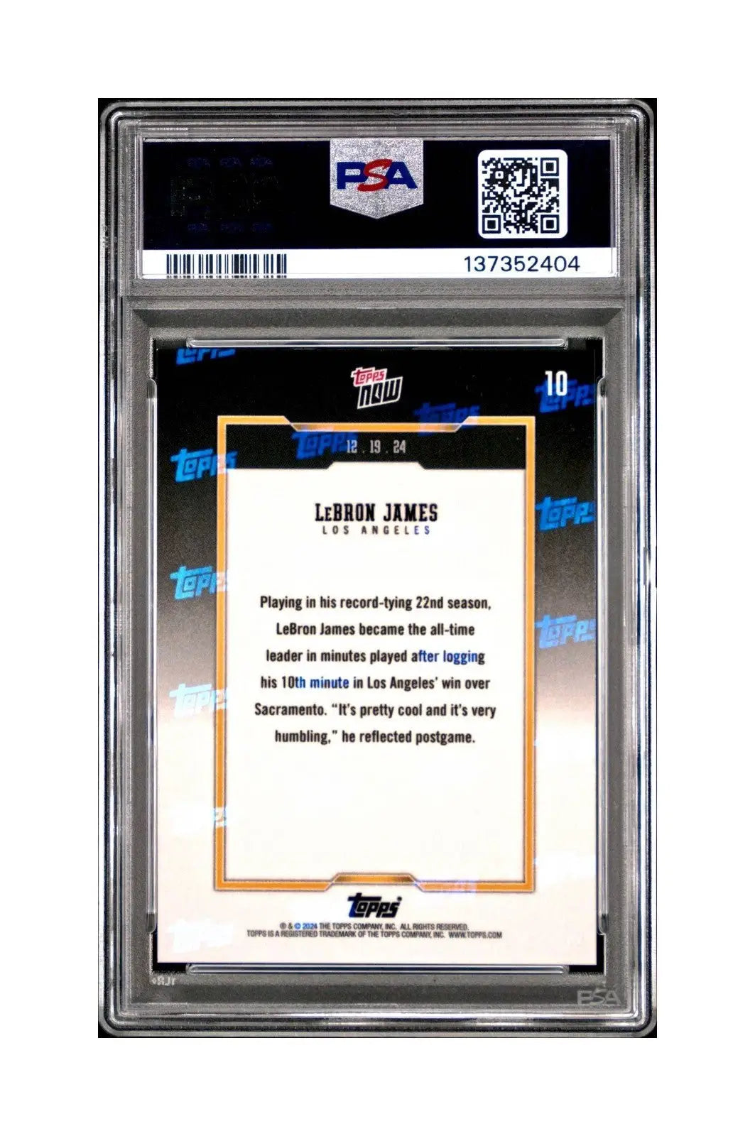 LeBron James 2024 Topps Now #10 All-Time Leader Minutes Played PSA 10 Gem Mint