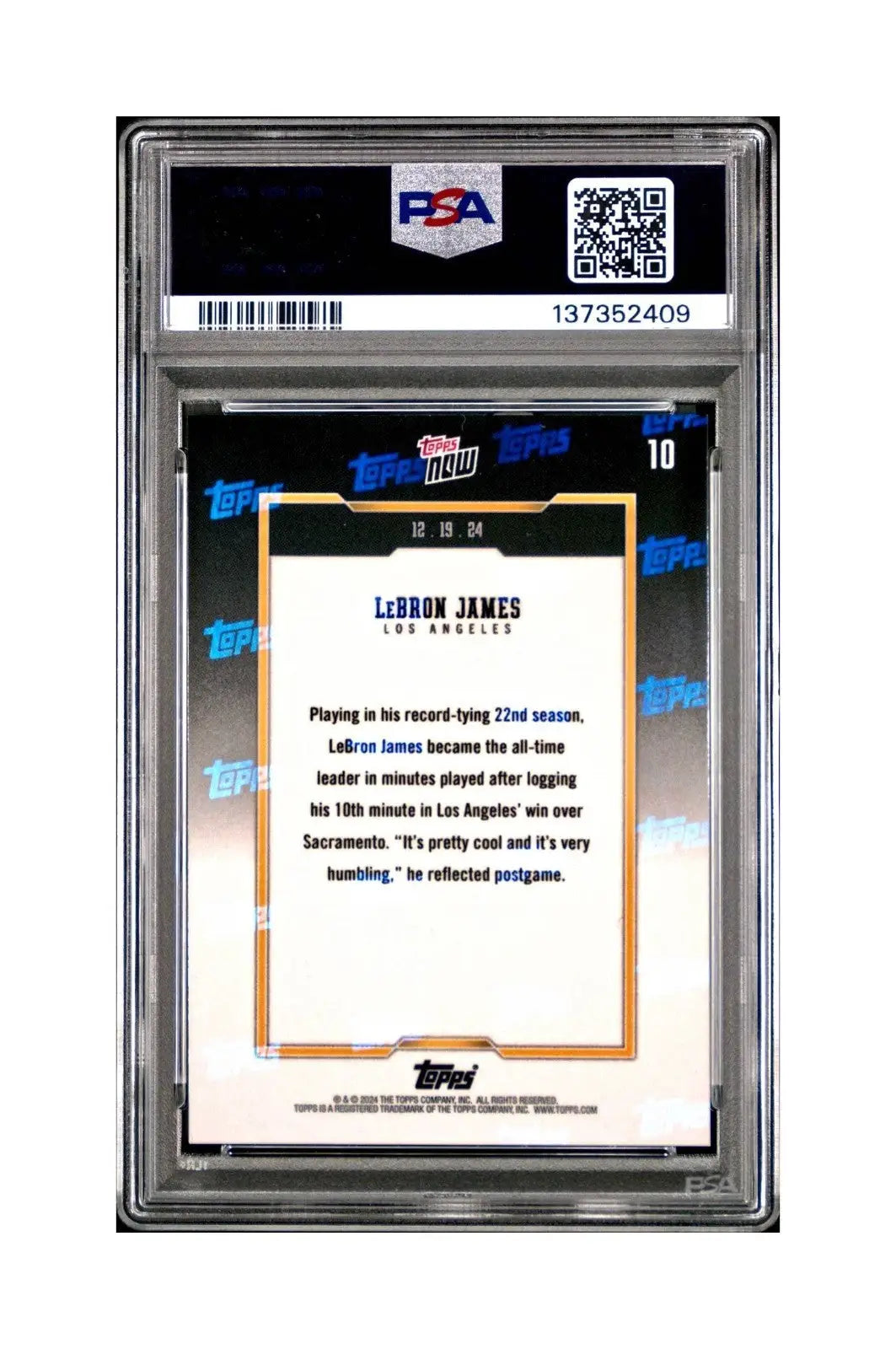 LeBron James 2024 Topps Now #10 All-Time Leader Minutes Played PSA 10 Gem Mint