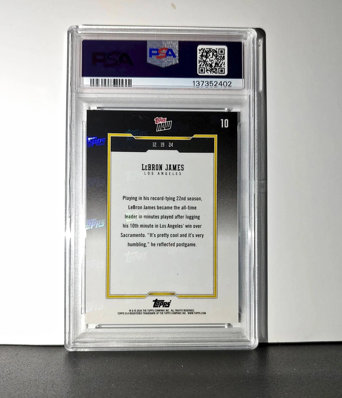 LeBron James 2024 Topps Now #10 All-Time Leader Minutes Played PSA 10 Gem Mint