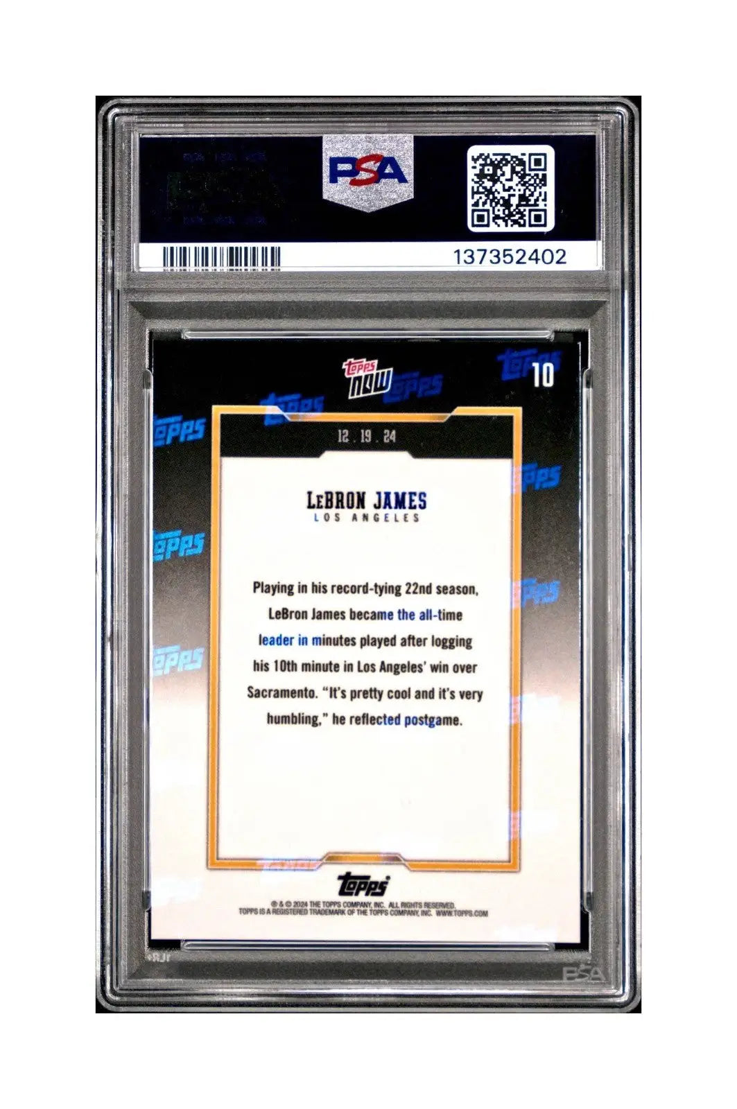 LeBron James 2024 Topps Now #10 All-Time Leader Minutes Played PSA 10 Gem Mint
