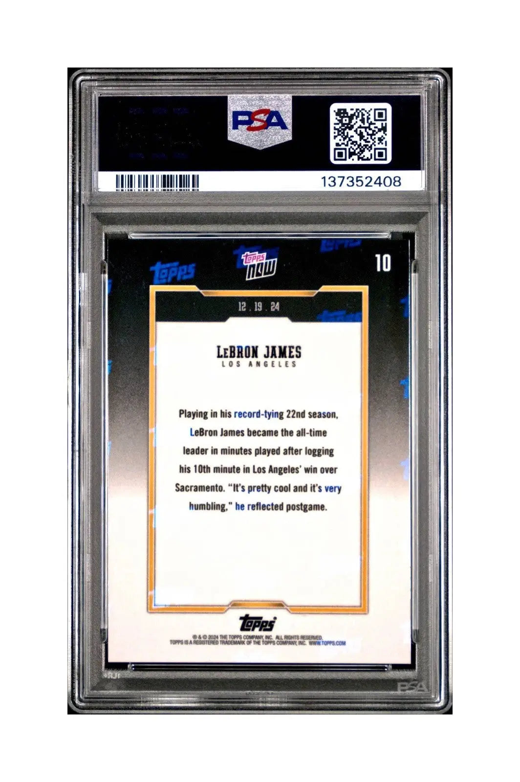 LeBron James 2024 Topps Now #10 All-Time Leader Minutes Played PSA 10 Gem Mint - Basketball Card Single