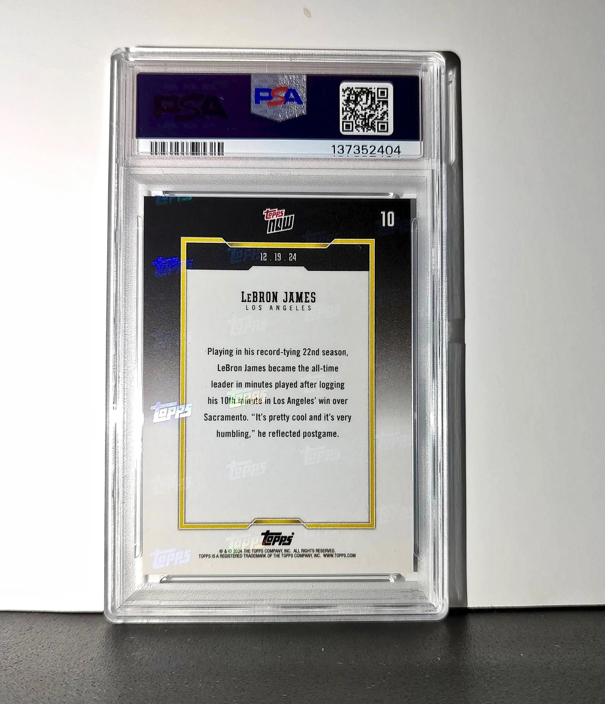 LeBron James 2024 Topps Now #10 All-Time Leader Minutes Played PSA 10 Gem Mint