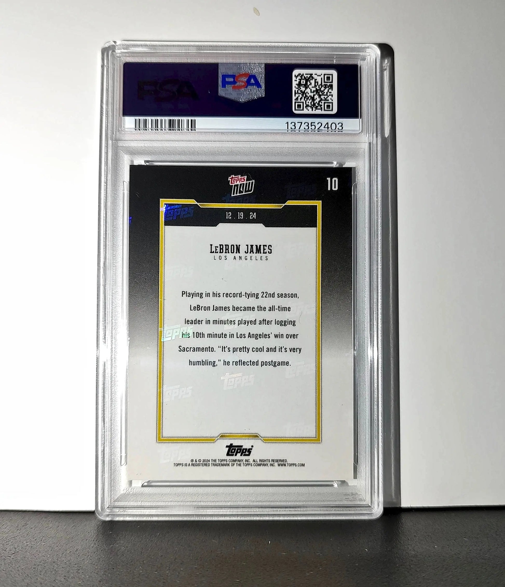 LeBron James 2024 Topps Now #10 All-Time Leader Minutes Played PSA 10 Gem Mint