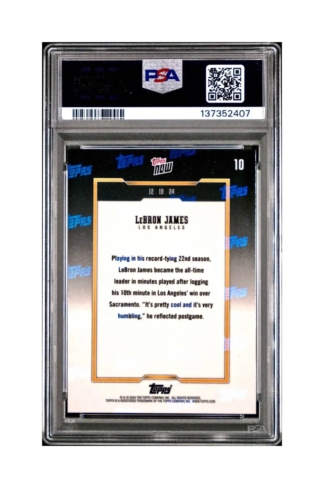 LeBron James 2024 Topps Now #10 All-Time Leader Minutes Played PSA 10 Gem Mint
