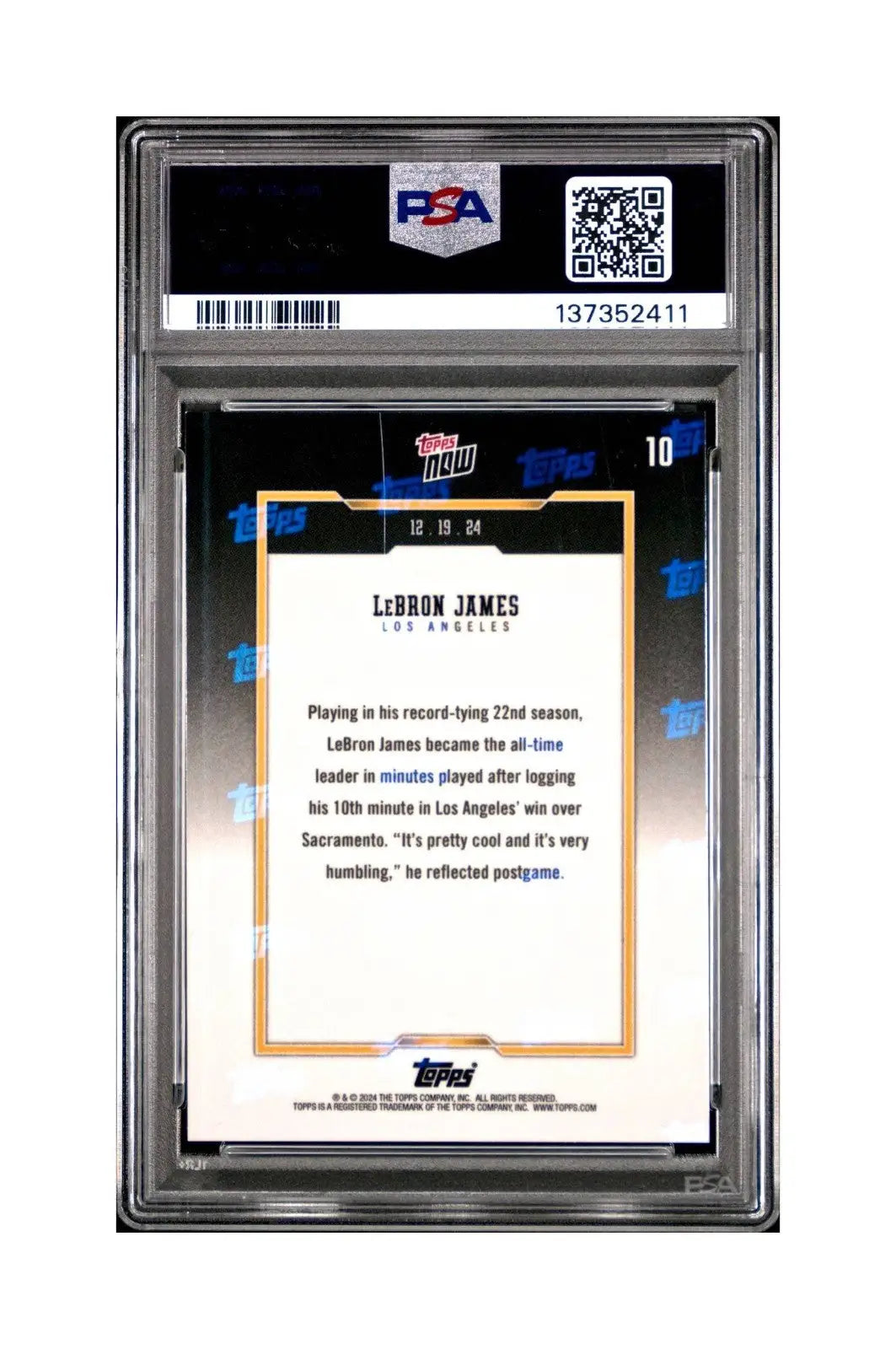 LeBron James 2024 Topps Now #10 All-Time Leader Minutes Played PSA 9 Mint