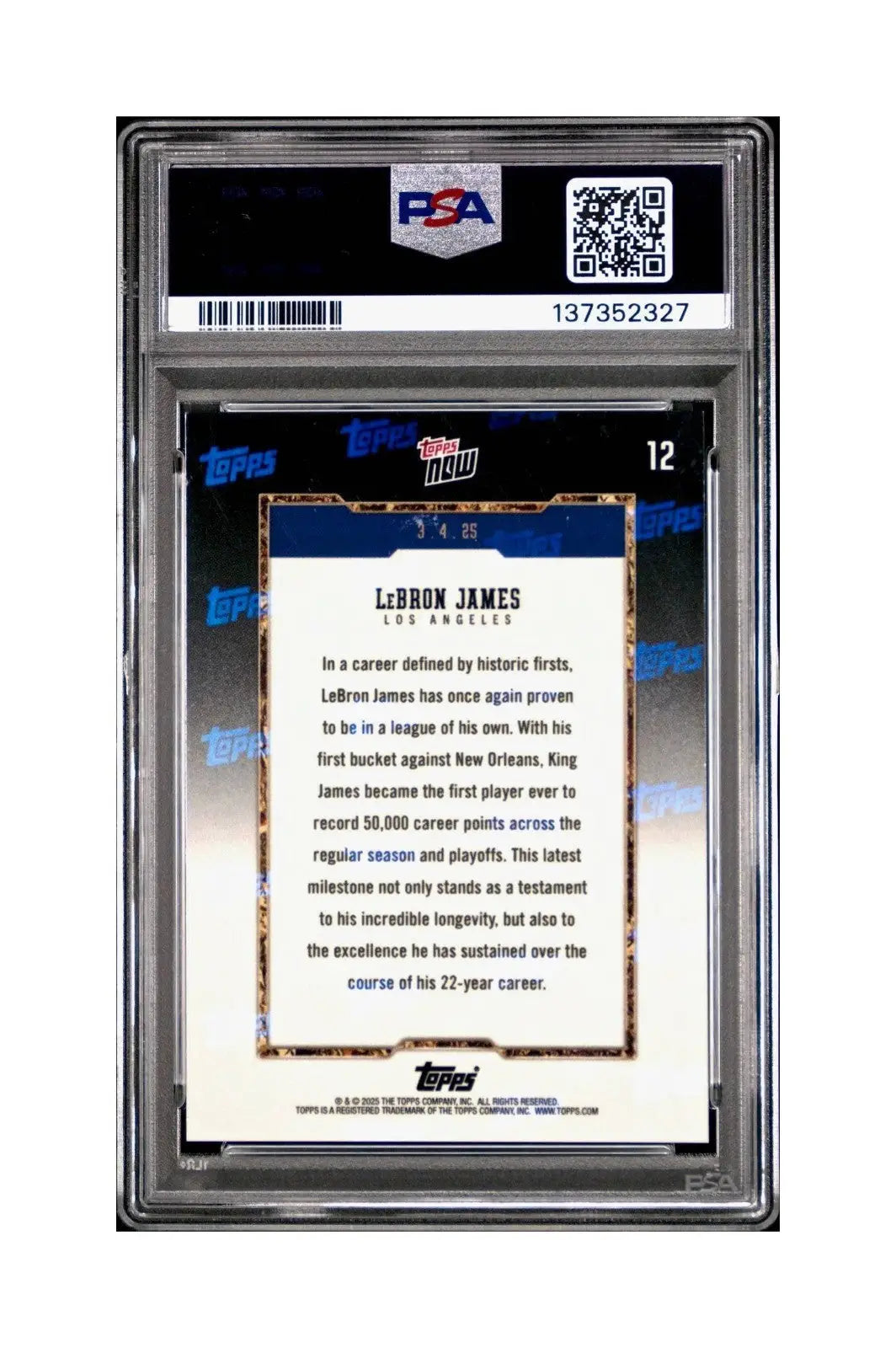Lebron James 2024 Topps Now 50k Career Points #12 Card PSA 9 Mint - Basketball Card Single
