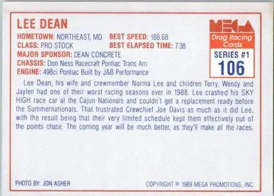 Lee Dean - 1989 Mega Drag - #106 - Racing - Racing Card Single