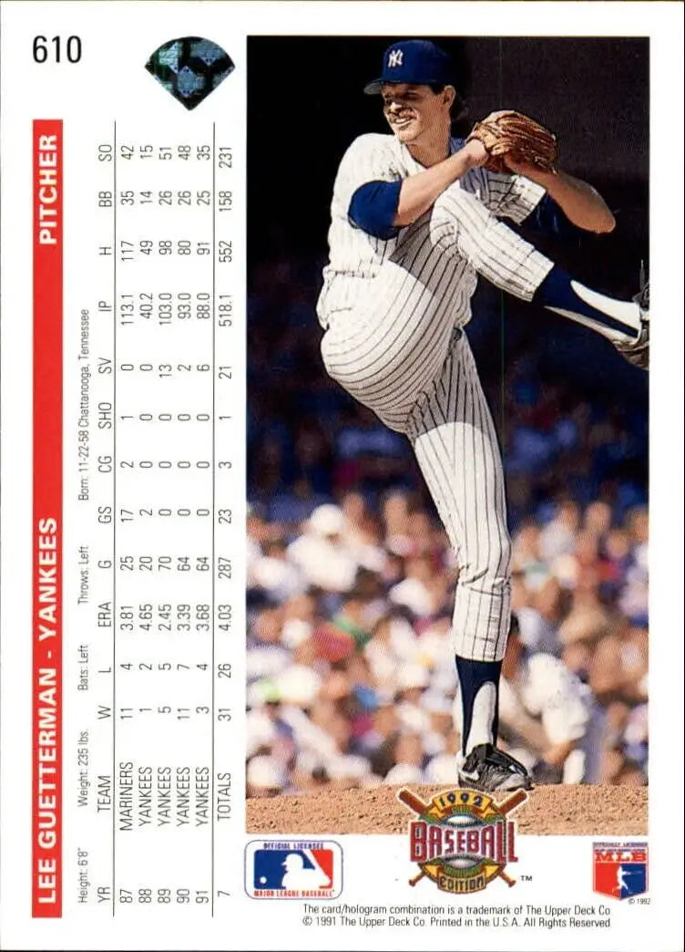 Lee Guetterman 1992 Upper Deck MLB #610 Baseball Card New York Yankees