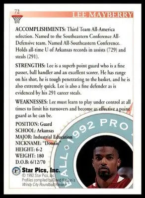 Lee Mayberry 1992 Star Pics #72 Arkansas Razorbacks - Basketball Card Single