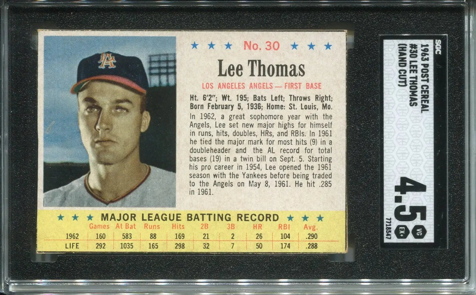 Lee Thomas 1963 Post Cereal Hand Cut #30 SP Short Print Angels SGC 4.5 VG-EX - Baseball Card Single