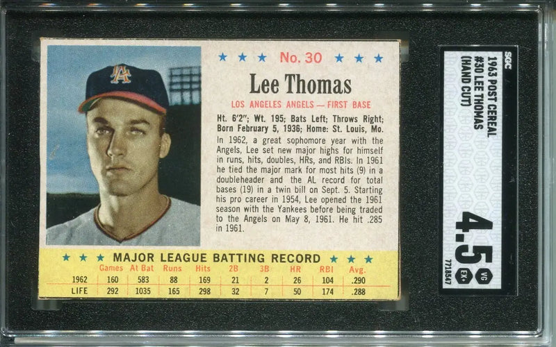 Lee Thomas 1963 Post Cereal Hand Cut #30 SP Short Print Angels SGC 4.5 VG-EX - Baseball Card Single