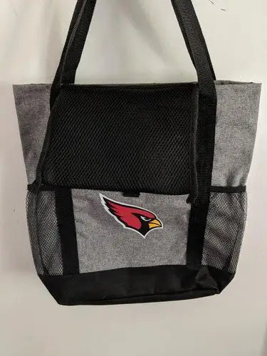 Gray tote bag with Arizona Cardinals NFL logo, perfect for NFL football book and drink holders
