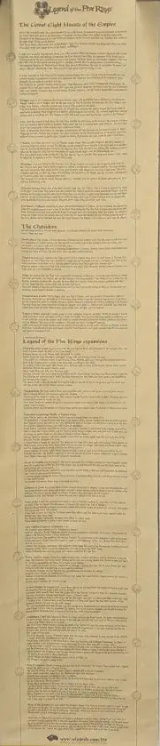 Long list of rules from Legend of the Five Rings Lore Scroll showcasing five rings and eight great houses