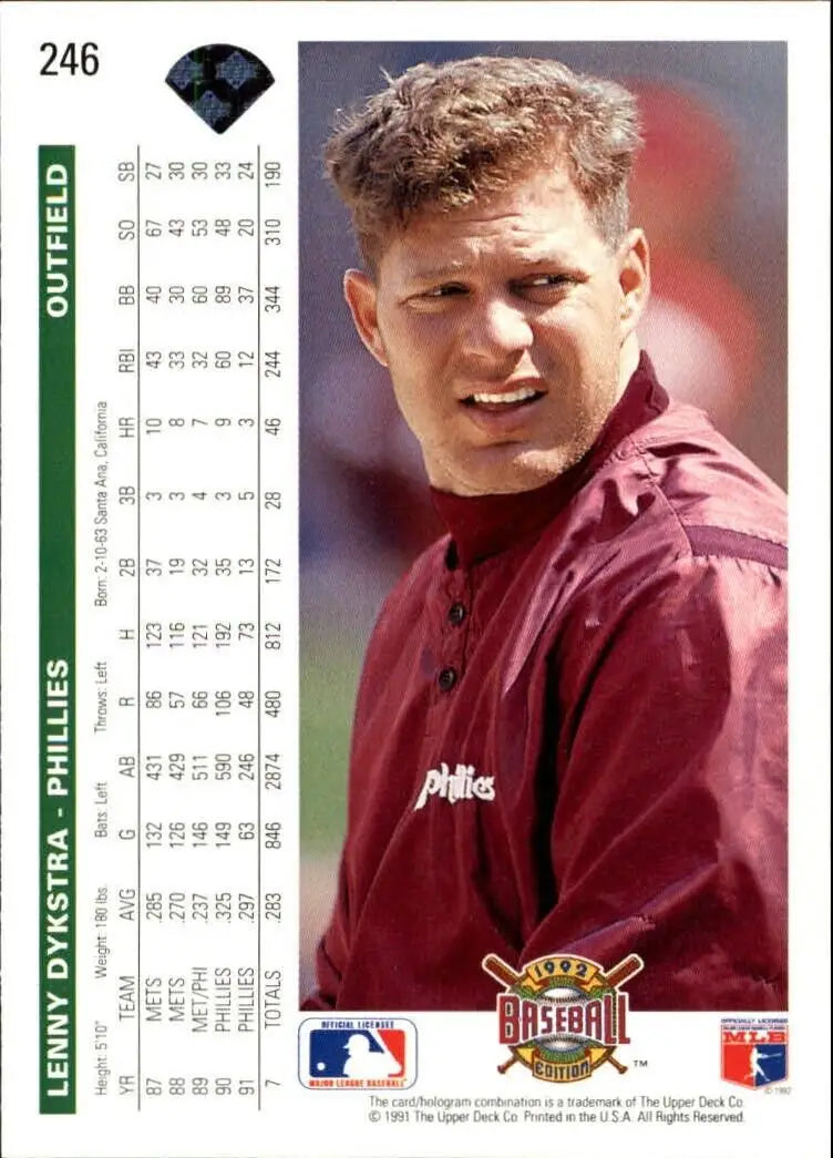 Len Dykstra 1992 Upper Deck MLB #246 Baseball Card Philadelphia Phillies