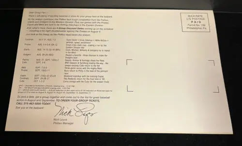 Lenny Dykstra Team Issue Season Ticket Phillies Post Card from 1990