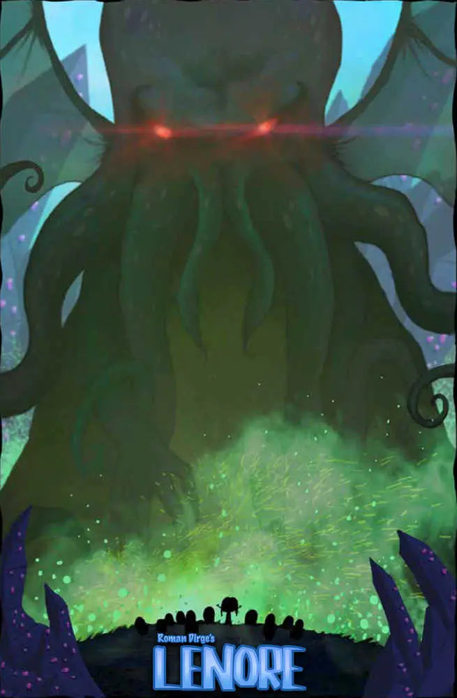 Cthulhu-esque monster with glowing red eyes on Lenore The Time War Cover B Dirge