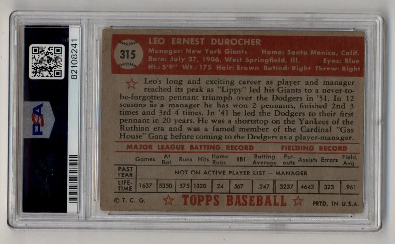 Leo Durocher 1952 Topps #315 PSA 3 Very Good (MC) - Baseball Card Single