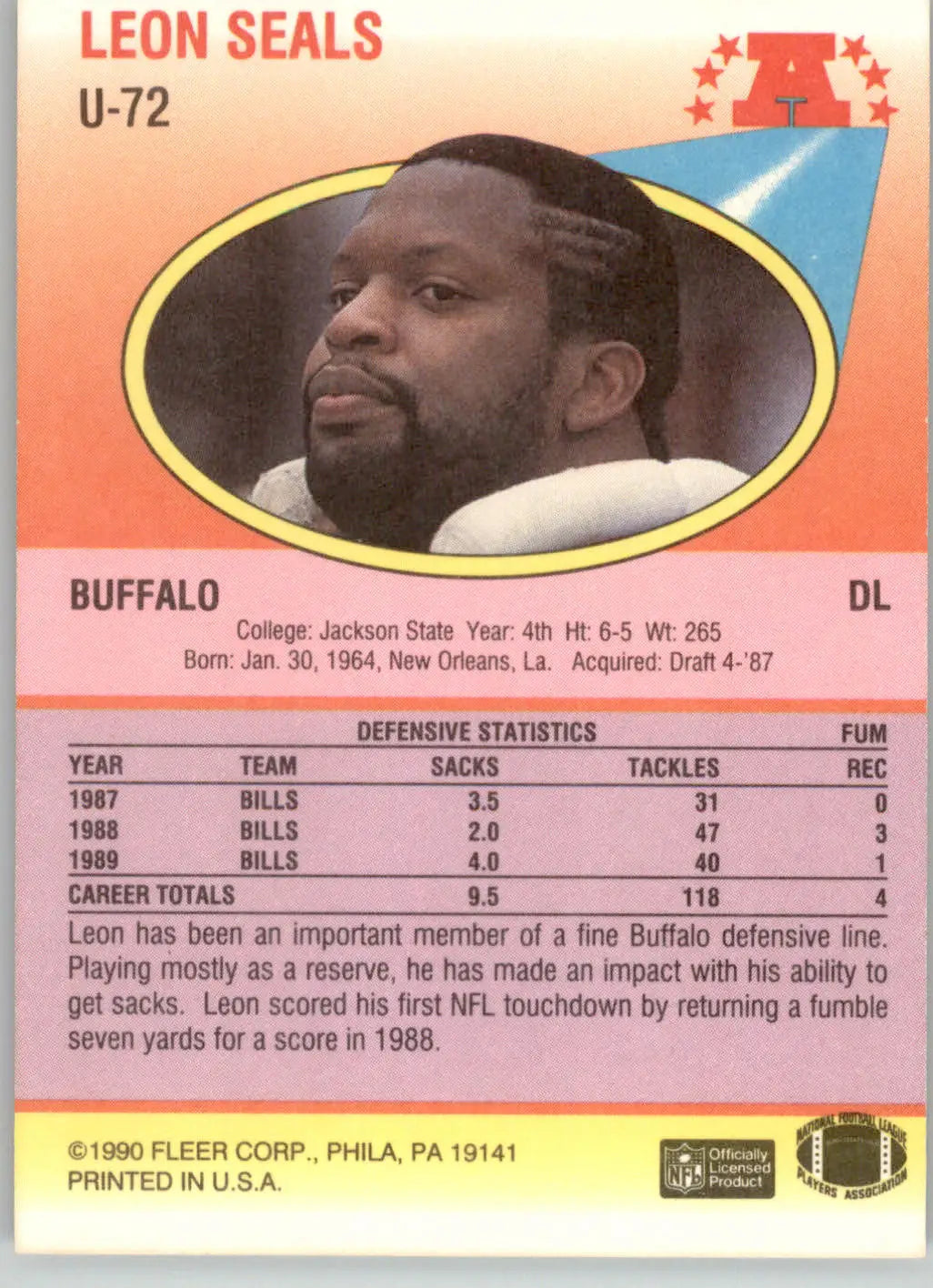 Leon Seals - 1990 Fleer Update - #U-72 - RC Football