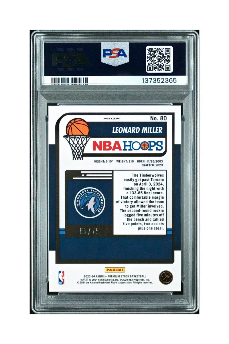 Leonard Miller 2023 Panini Hoops Premium #80 65/75 Blue Pulsar PSA 9 Mint