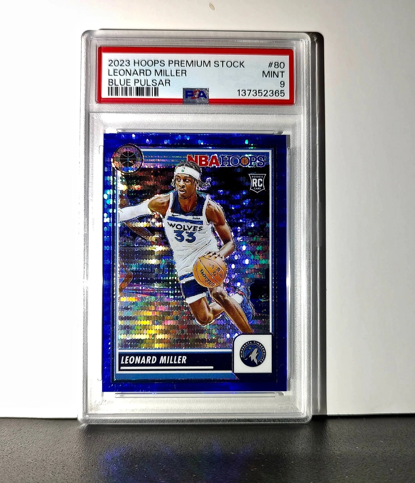 Leonard Miller 2023 Panini Hoops Premium #80 65/75 Blue Pulsar PSA 9 Mint