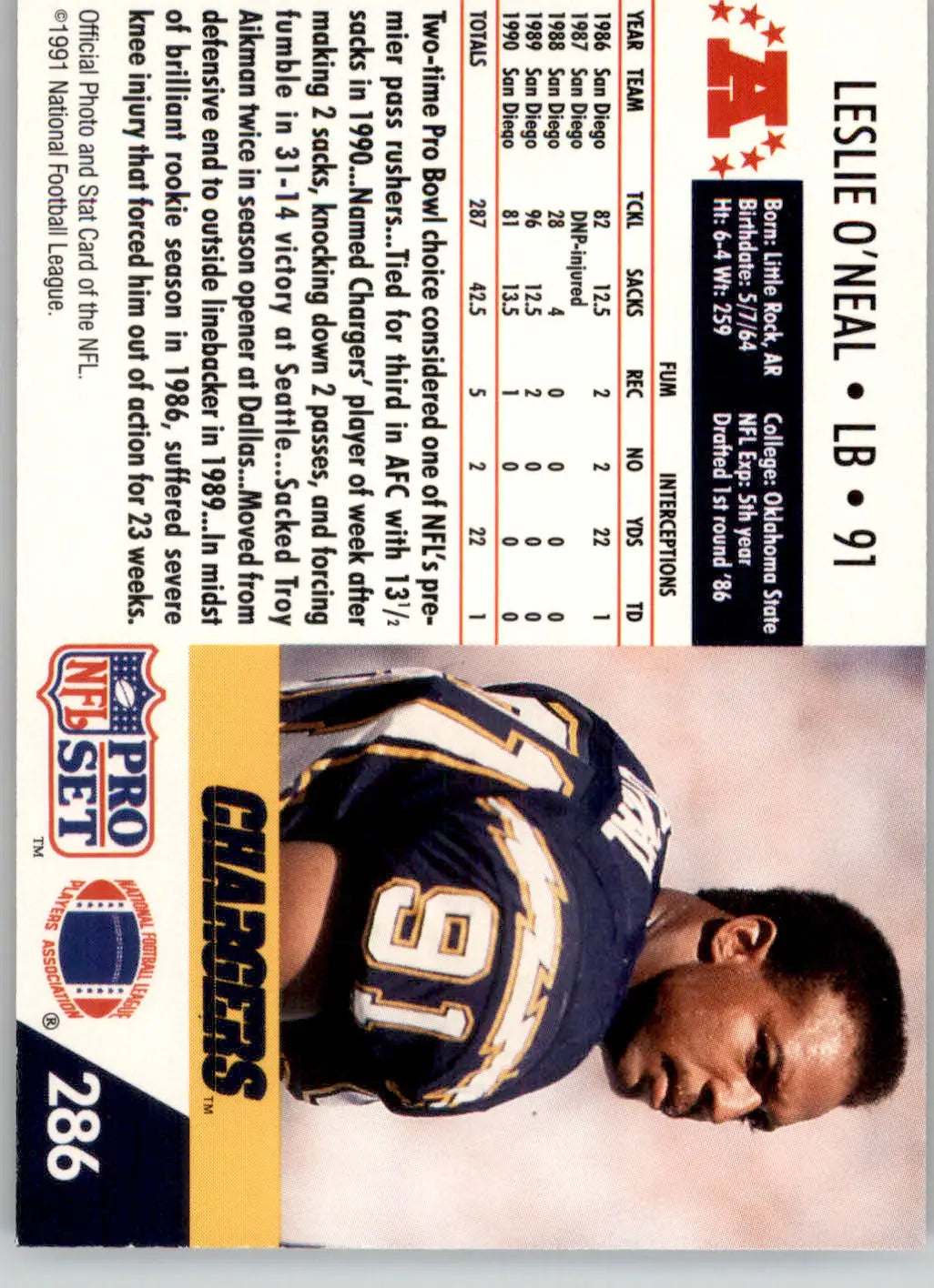 Leslie O’Neal - 1991 Pro Set - #286 - Football - Football Card Single