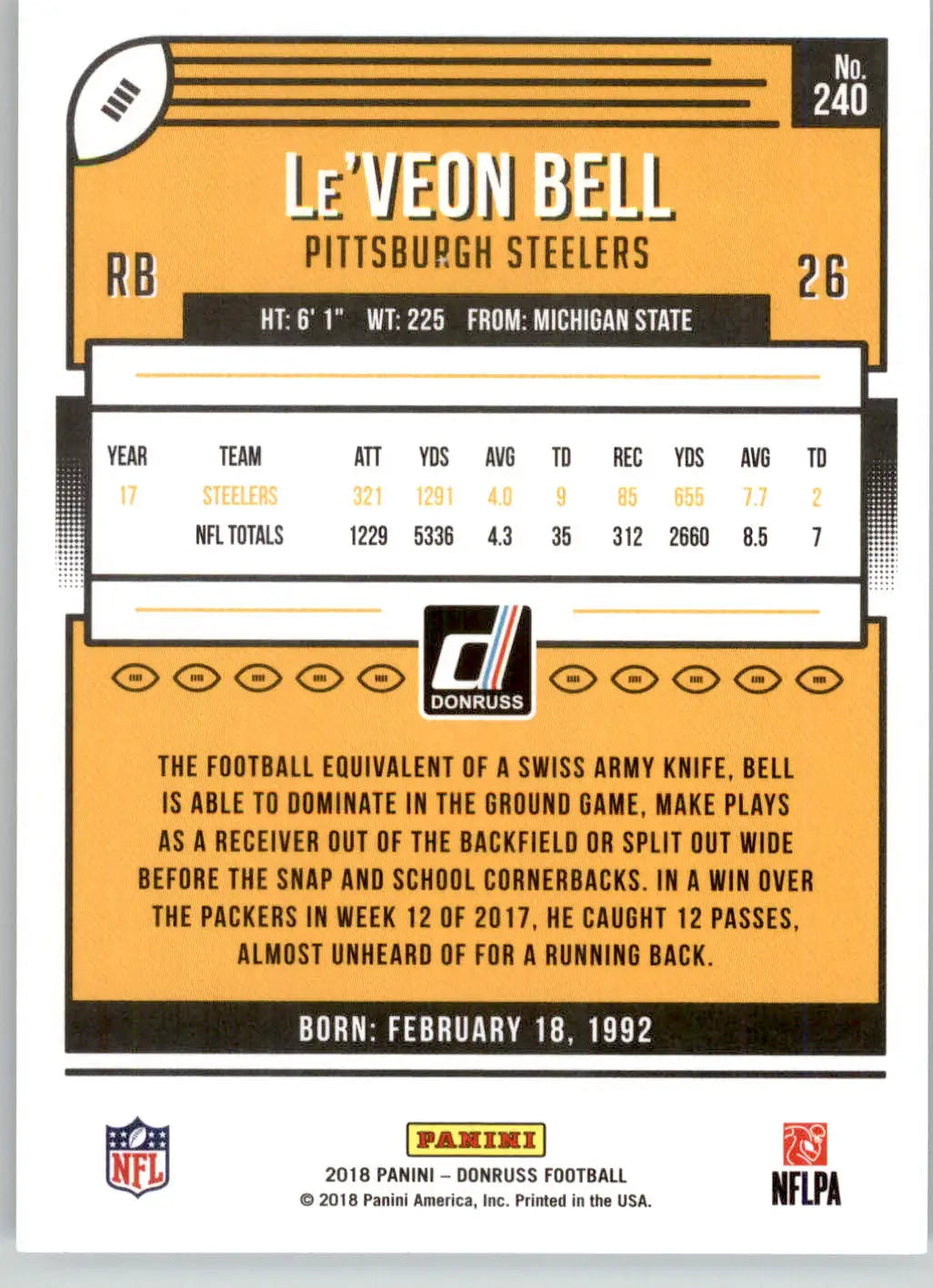 Le’Veon Bell - 2018 Donruss - #240 - Football - Football Card Single
