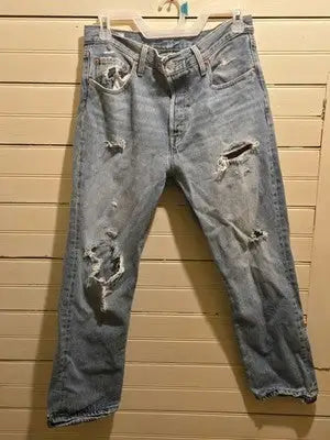 Levis 501 Jeans Mens 28 Light Blue Distressed Ripped Button Fly Premium Classic - Apparel