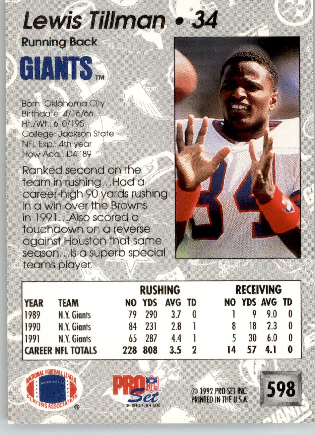 Lewis Tillman - 1992 Pro Set - #598 - Football - Football Card Single