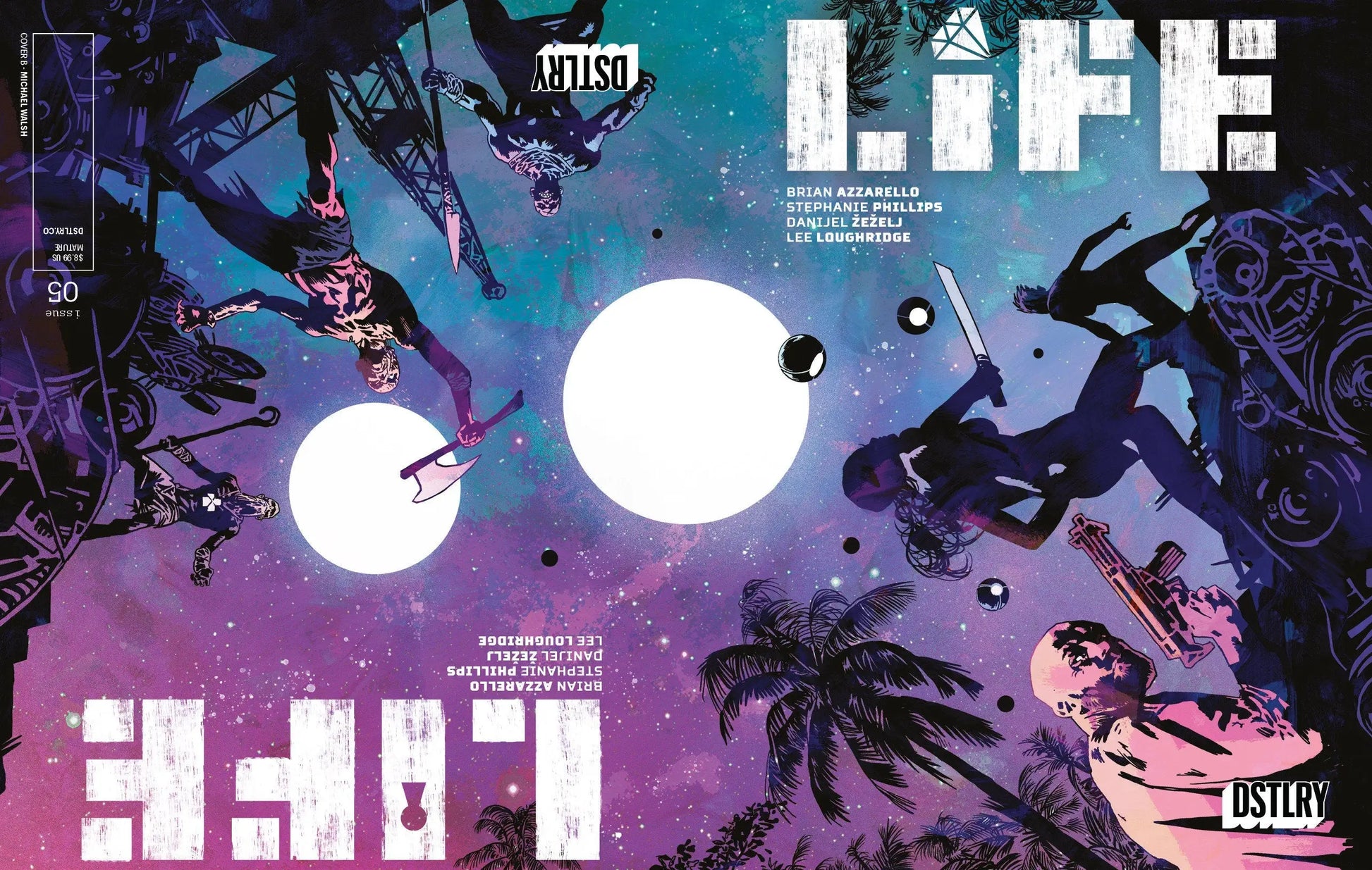 Comic book cover B Michael Walsh variant with cosmic purple blue background and characters