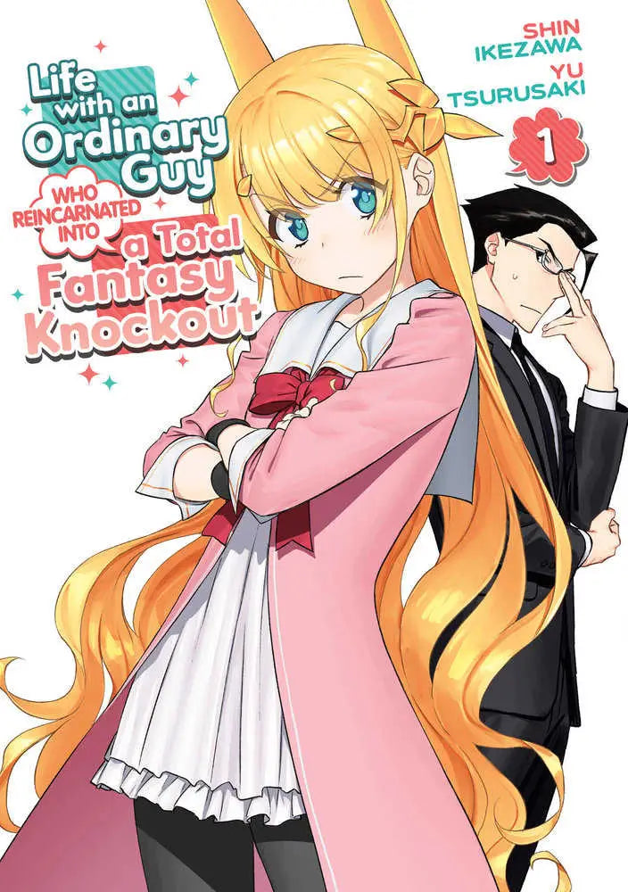 Manga cover featuring a blonde girl and an ordinary guy in a fantasy world, Volume 1