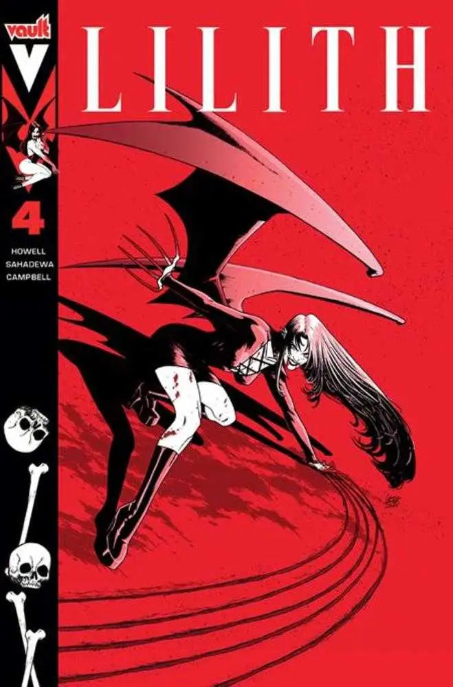 Red comic book cover featuring winged female figure from Lilith #4 by Corin Howell