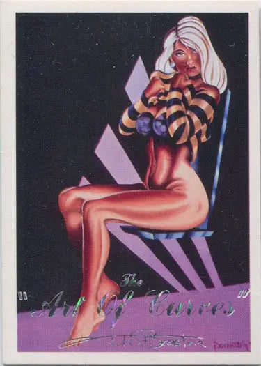 Pin-up style woman in tiger-striped top on chair, featured in Lime Rock Puzzle Art Card