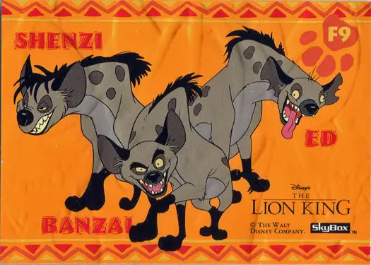 Three cartoon hyenas from The Lion King on an orange background for an embossed foil chase card