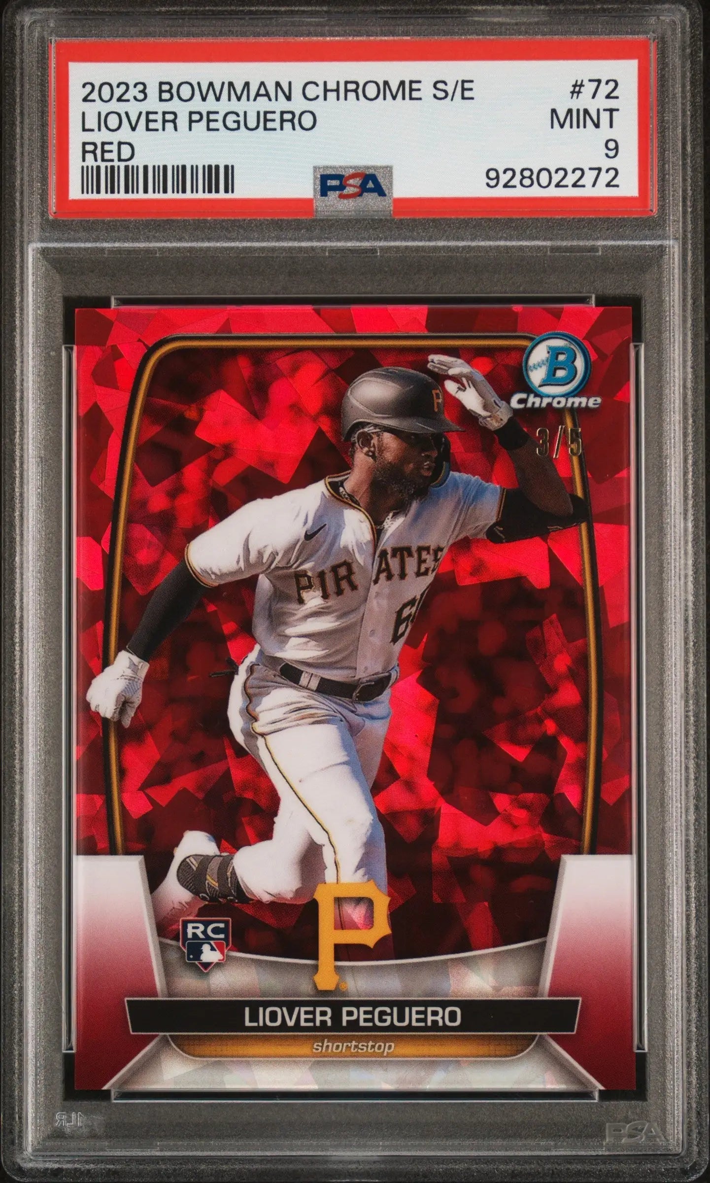 PSA-graded Liover Peguero 2023 Bowman Chrome Sapphire Red rookie card in action