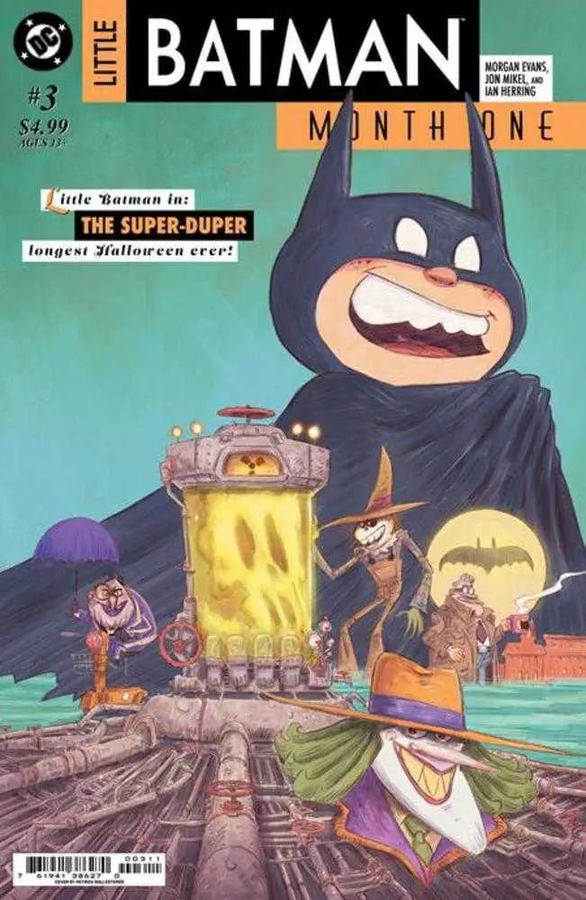 Comic book cover of Little Batman Month One #3 featuring a secret superhero in vibrant art