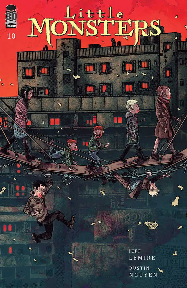 Comic book cover for Little Monsters #10 with shadowy figures over water and lit windows