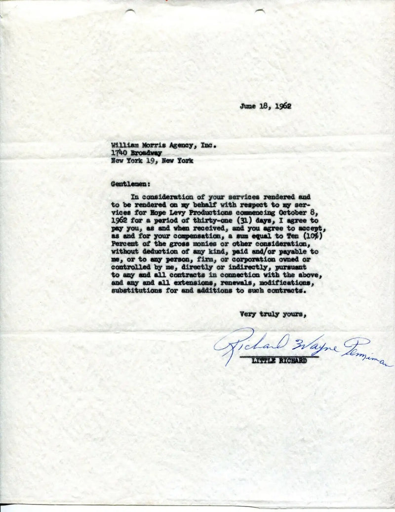 Typed letter with Richard Wayne Penniman signature, PSA DNA authenticated, William Morris Agency