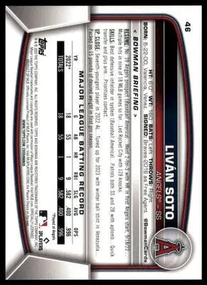 Livan Soto Rookie 2023 Bowman #46 Los Angeles Angels - Baseball Card Single