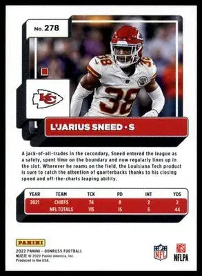 L’Jarius Sneed 2022 Donruss #278 Kansas City Chiefs - Football Card Single