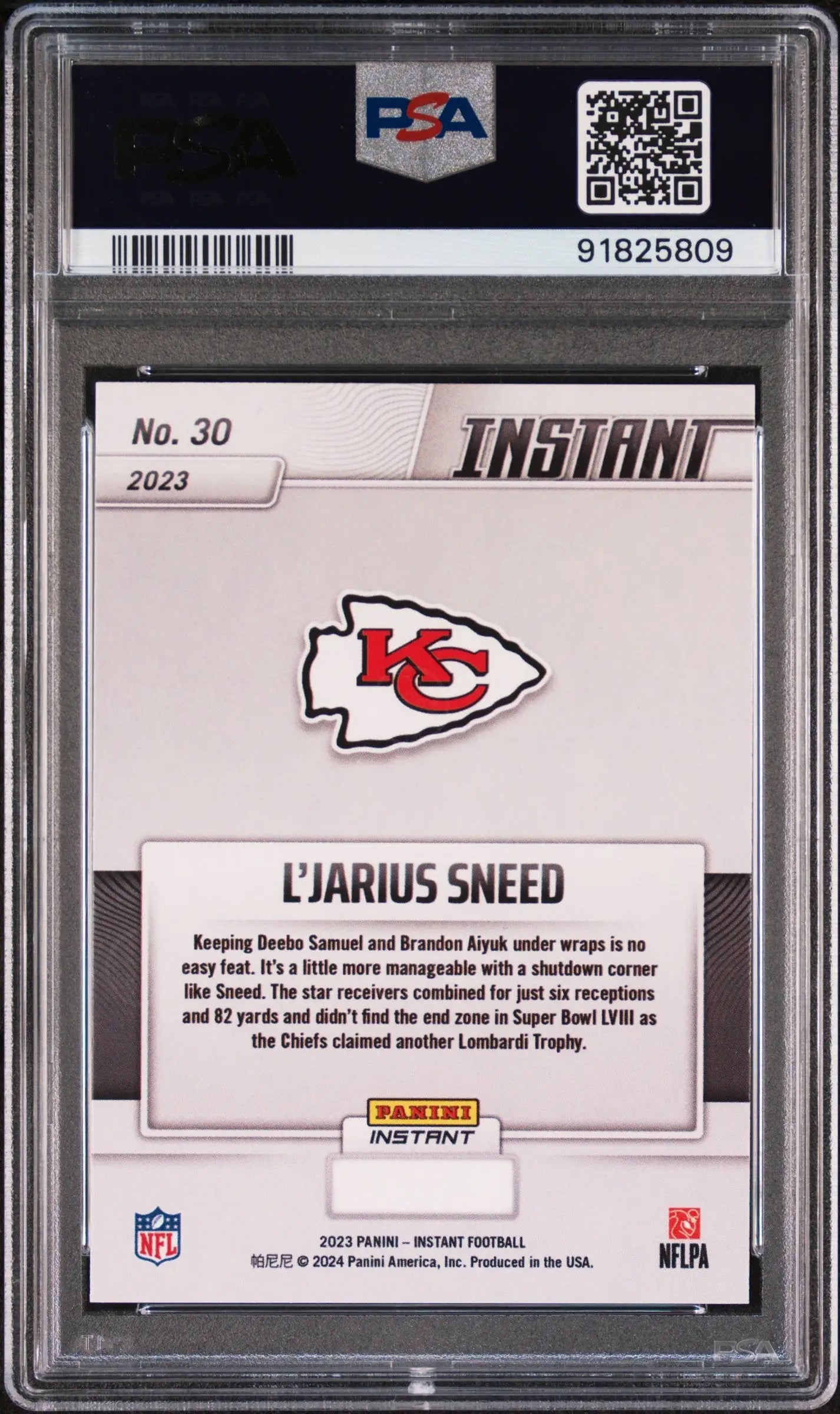 L’Jarius Sneed 2023 Panini NFL Superbowl Champions #30 Card PSA 10 Gem Mint