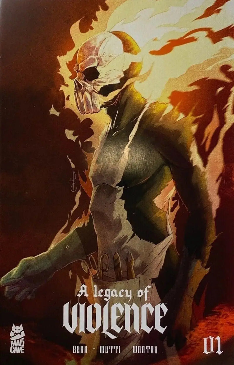 Flaming skeletal figure in dark clothing for Local Comic Shop Day 2022 Legacy Of Violence #1, ideal for collectors of trading cards