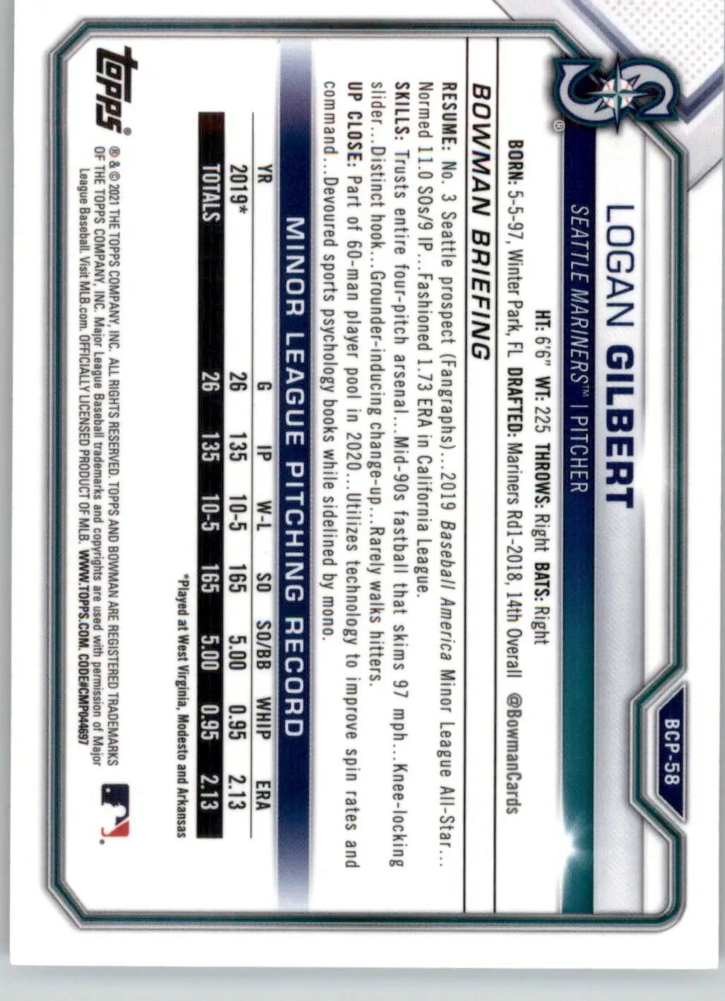 Logan Gilbert - 2021 Bowman - #BCP-58 - Chrome Prospects Mojo Refractor Baseball