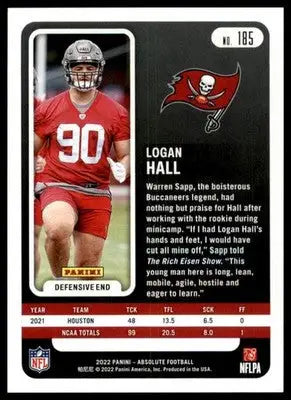 Logan Hall Rookie 2022 Panini Absolute Retail #185 Tampa Bay Buccaneers - Football Card Single
