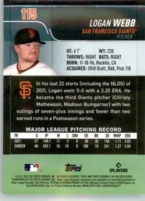 Logan Webb - 2022 Stadium Club Chrome - #115 - Baseball - Baseball Card Single
