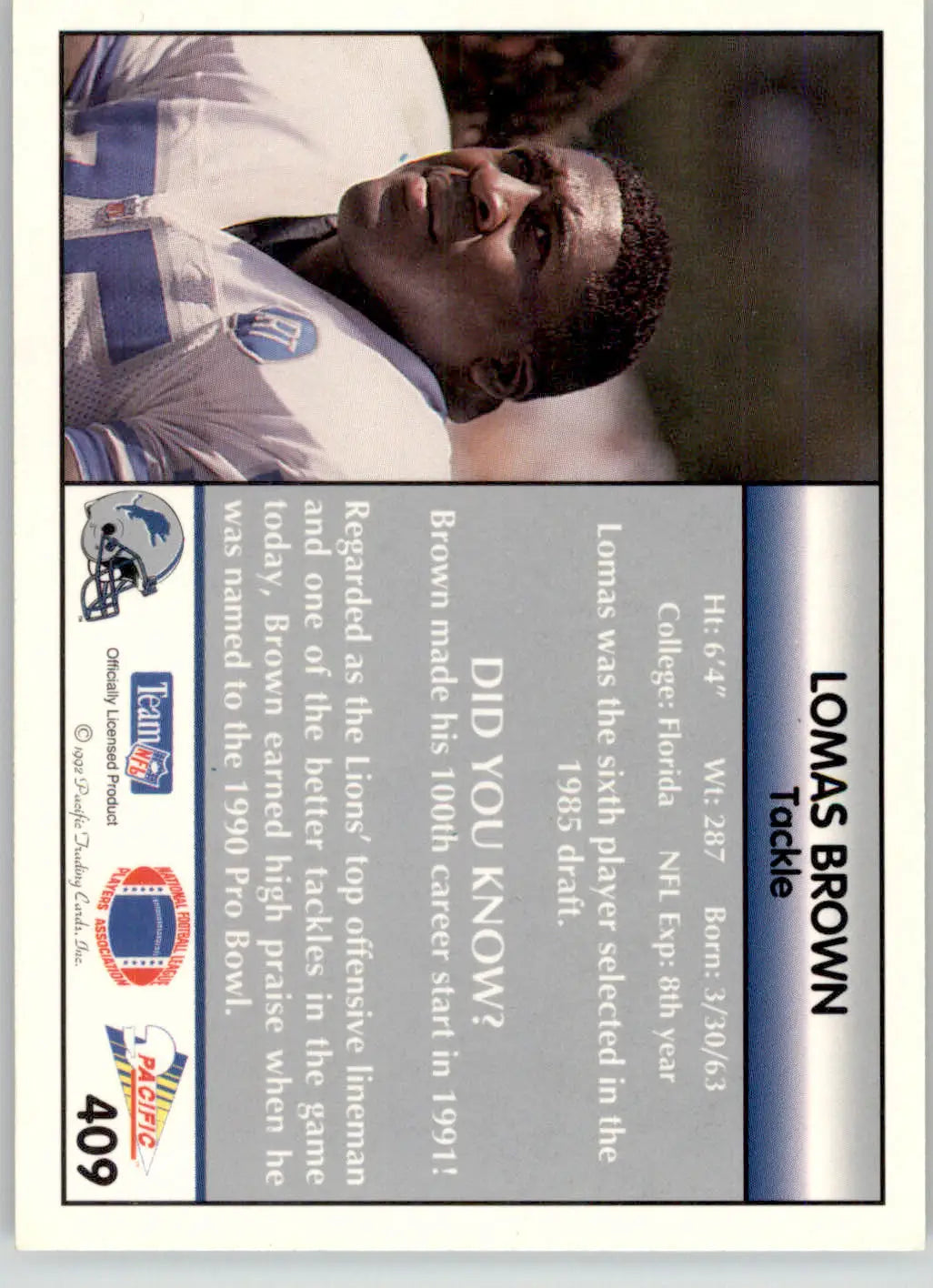 Lomas Brown - 1992 Pacific - #409 - Football