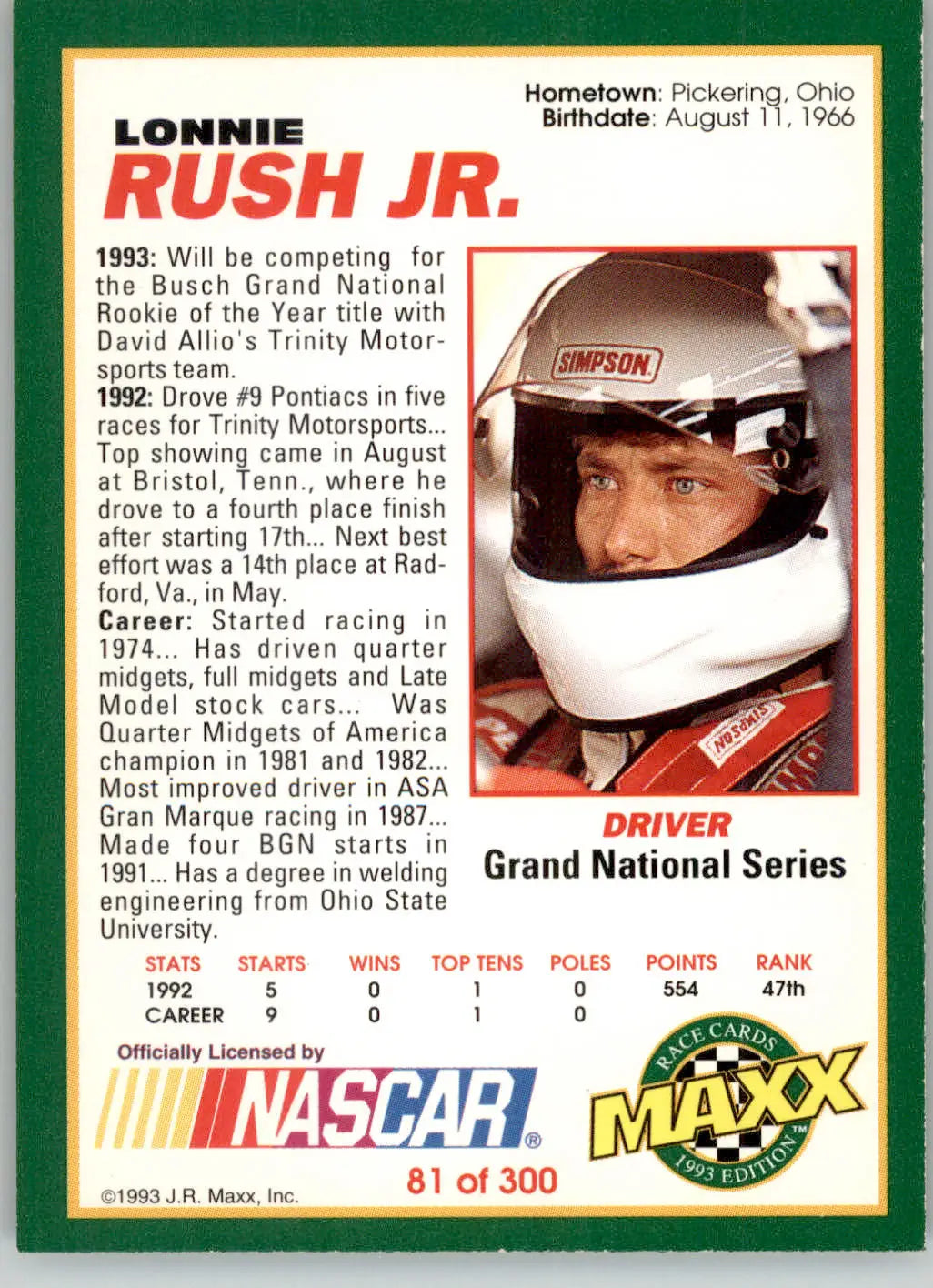 Lonnie Rush Jr. - 1993 Maxx - #81 - Racing - Racing Card Single