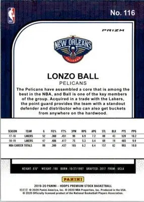 Lonzo Ball - 2019-20 Hoops Premium Stock - #116 - Prizms Silver Basketball - Basketball Card Single