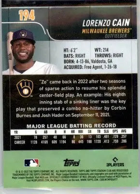 Lorenzo Cain - 2022 Stadium Club Chrome - #194 - Baseball - Baseball Card Single