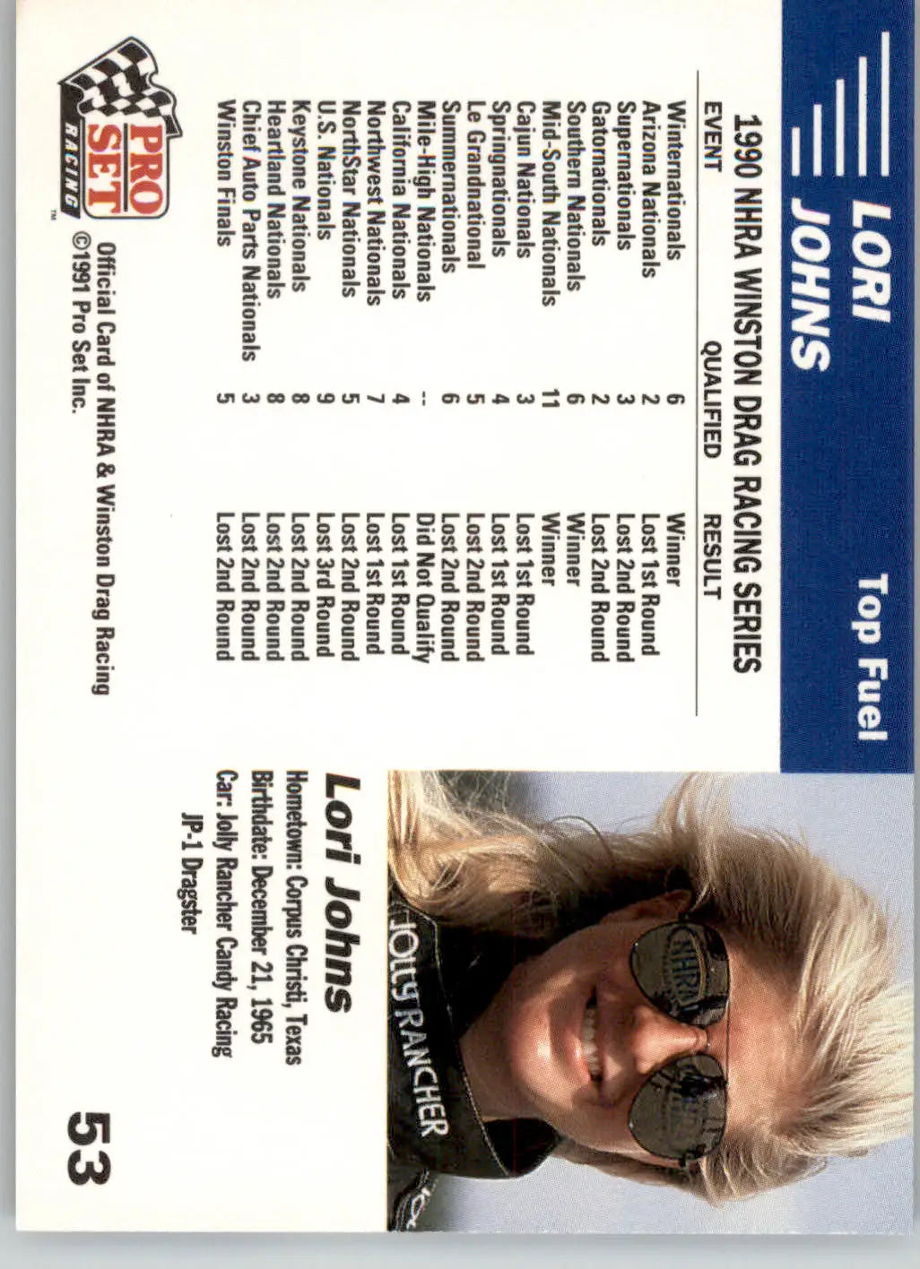 Lori Johns’ Car - 1991 Pro Set NHRA - #53 - Racing - Racing Card Single